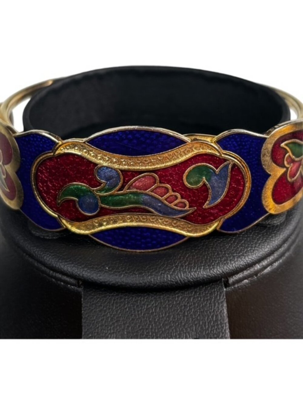 Vtg Gold Tone Cloisonne Hinged Bangle Bracelet Art Deco Inspired Blue Red Floral